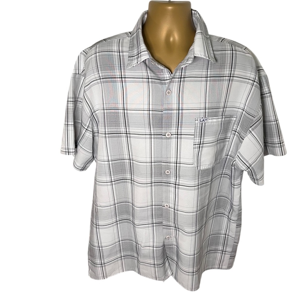 Vintage 90s Y2K LA Tops Button Down Shirt Boxy Fit Plaid Short Sleeve Gray XL